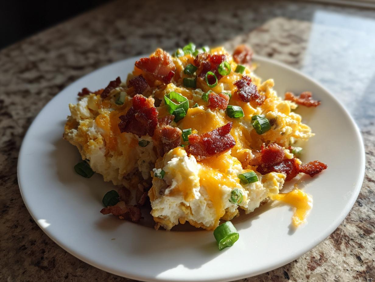 A close-up serving of creamy baked potato salad topped with melted cheddar cheese, crispy bacon bits, and fresh green onions.