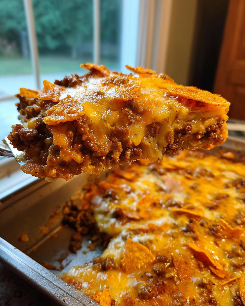 A spatula lifts a gooey, cheesy slice of Dorito Casserole filled with seasoned ground beef.