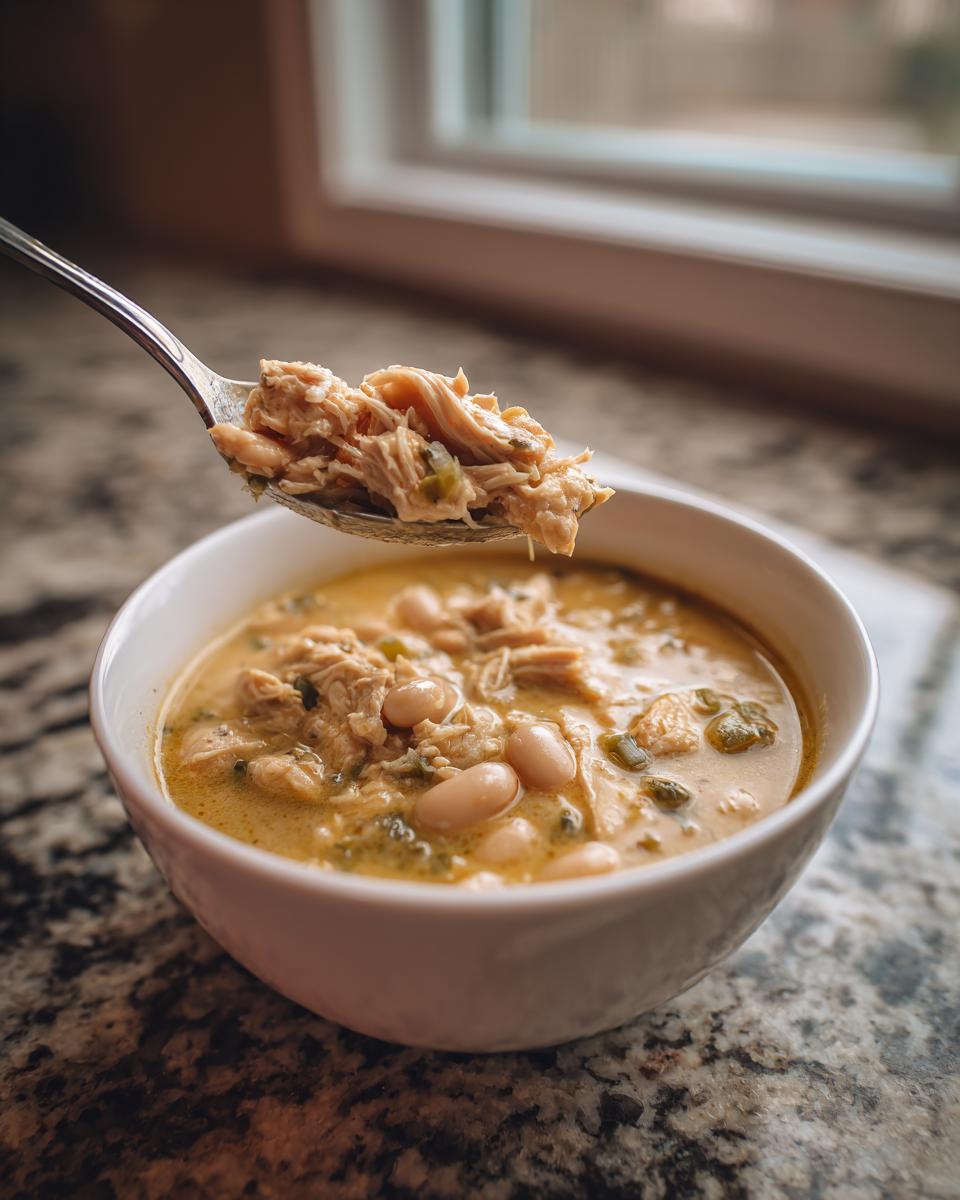A spoonful of shredded chicken and white beans lifted from a bowl of creamy crockpot white chicken chili.