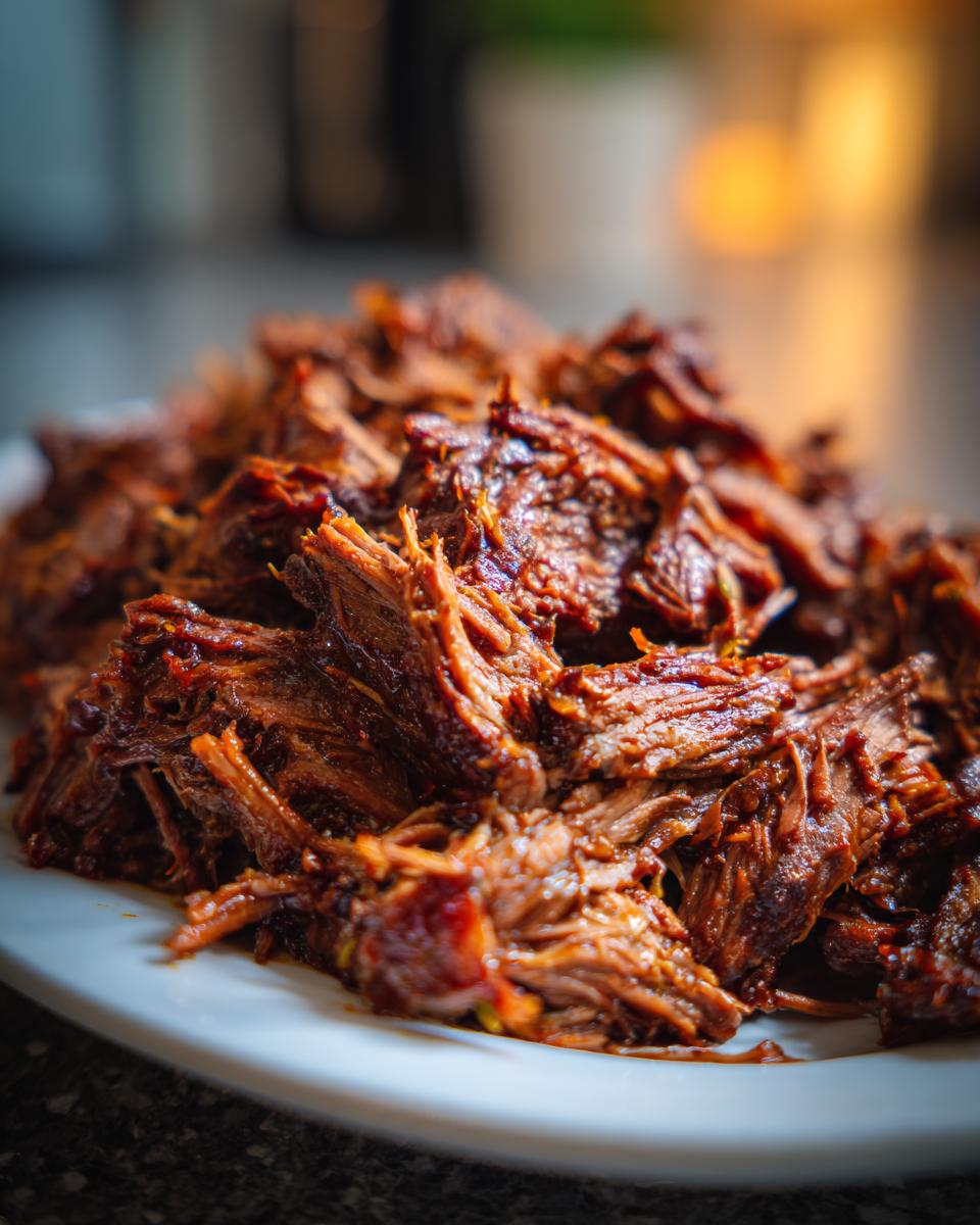 Close-up of tender, shredded Mississippi pot roast piled high on a white plate.