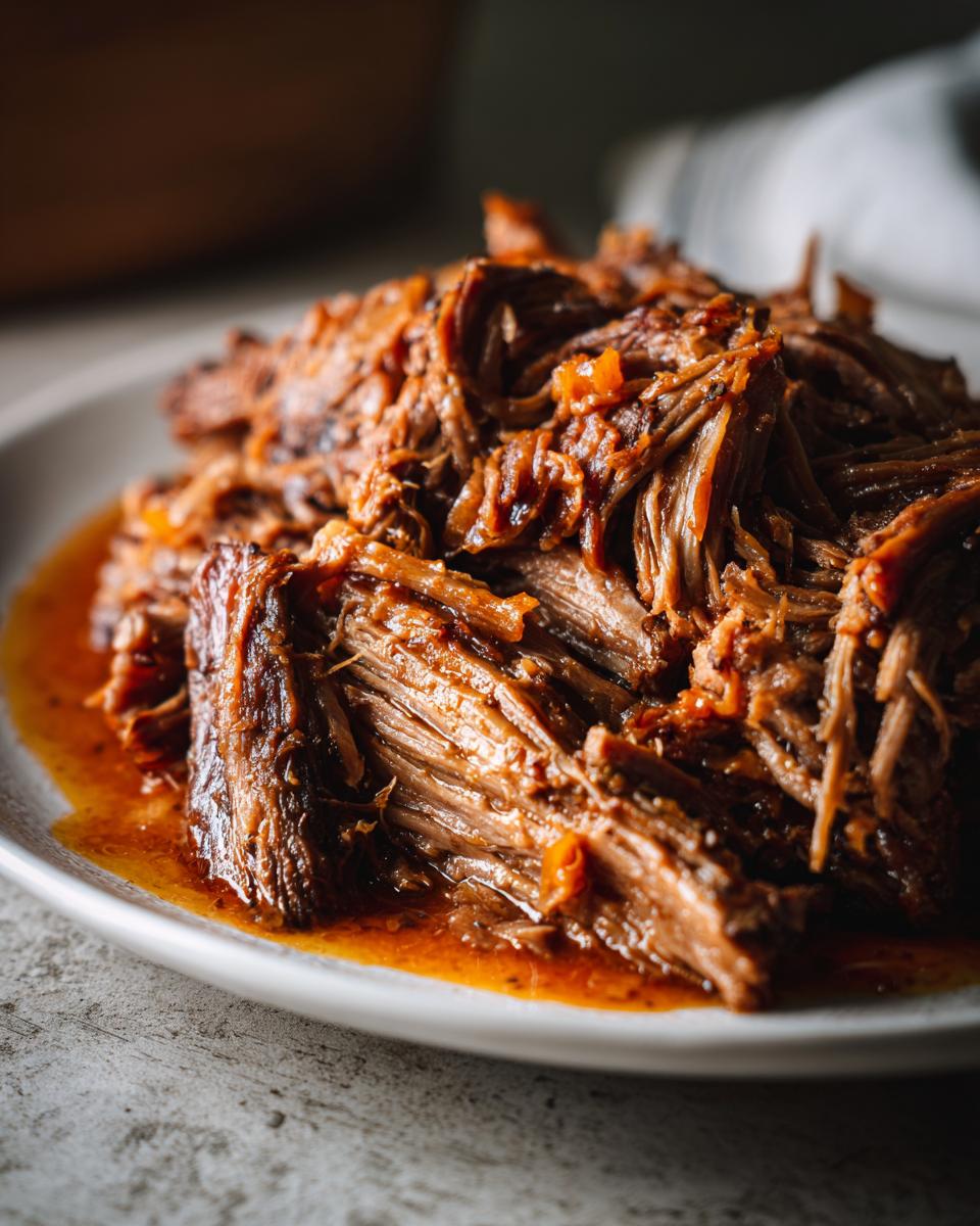 Close-up of tender, shredded Mississippi pot roast coated in rich orange-brown sauce on a light plate.