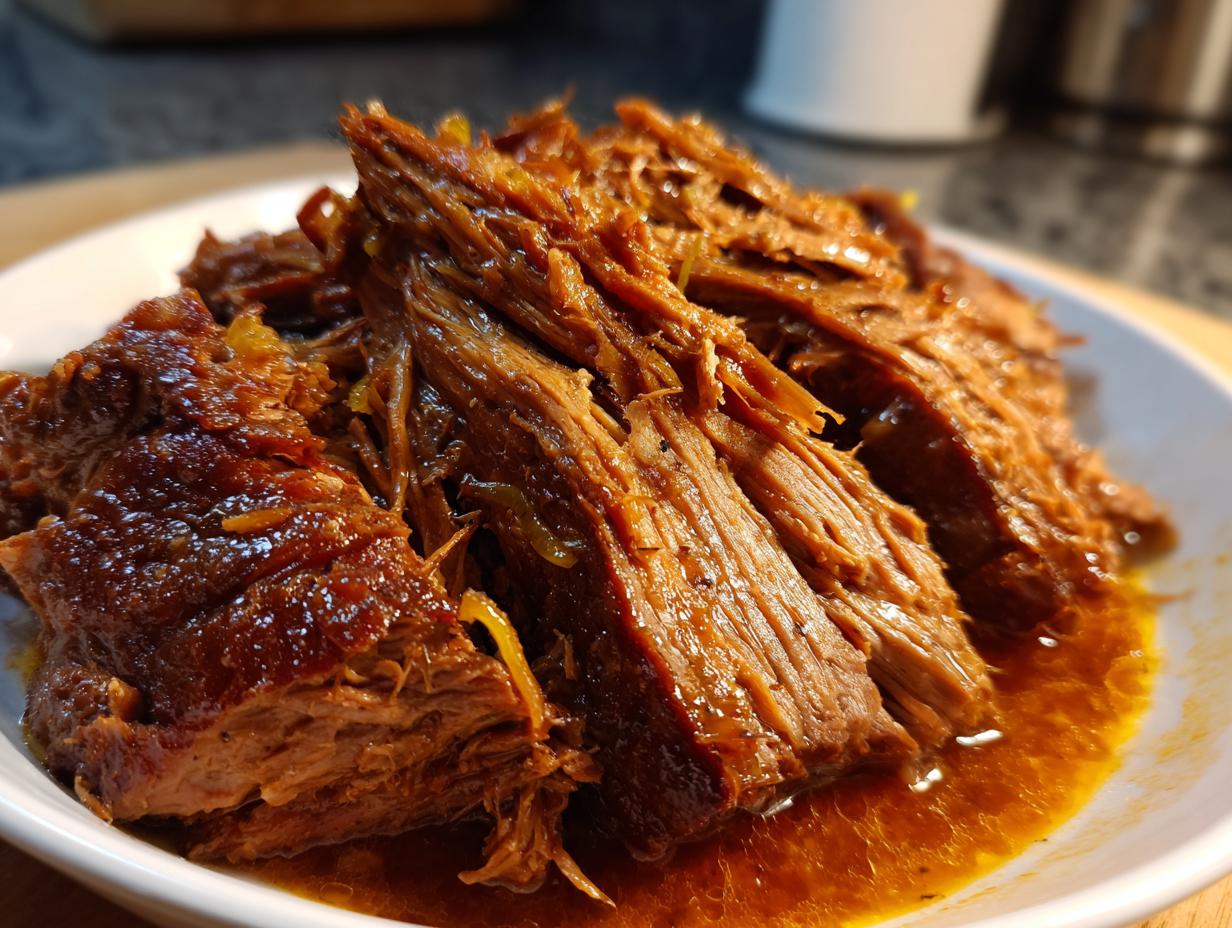 Close-up of tender, shredded Mississippi pot roast served in its rich, savory sauce on a white bowl.