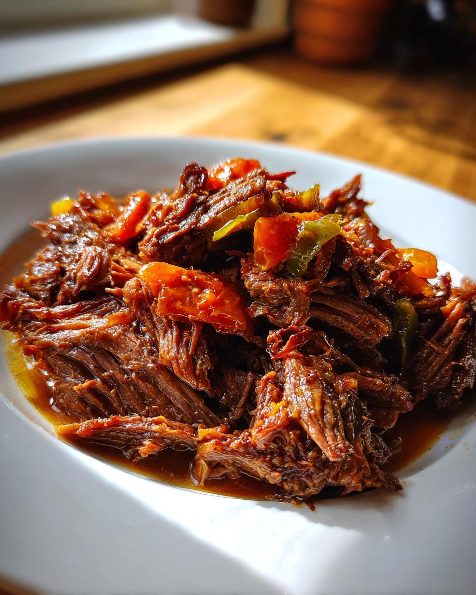 Close-up of tender, shredded Mississippi Pot Roast served on a white plate with visible juices and chunks of cooked peppers.