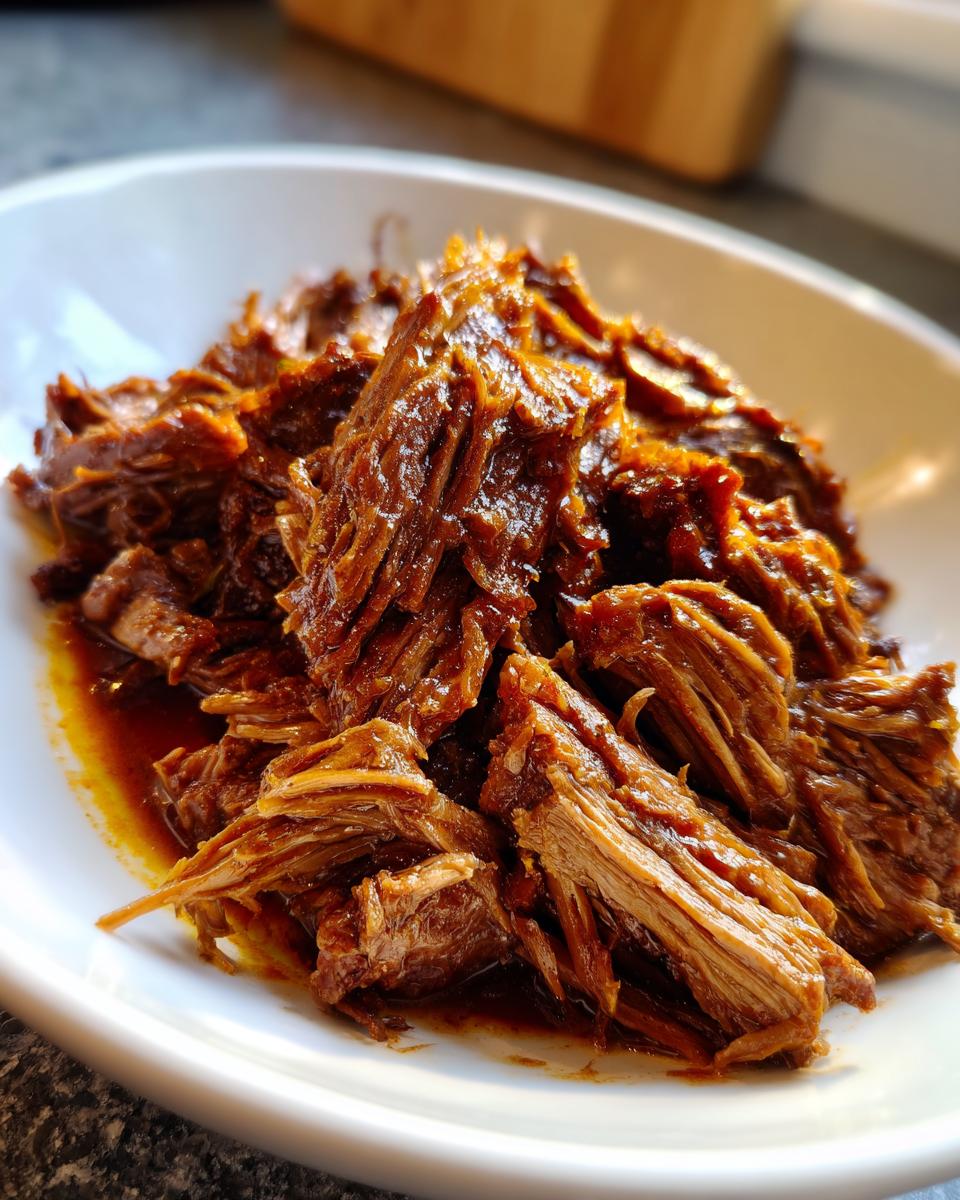 Close-up of tender, shredded Mississippi pot roast glistening with rich brown sauce on a white plate.