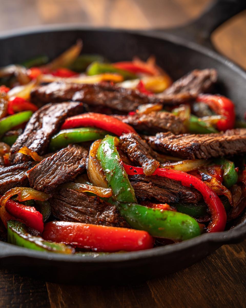 Close-up of sizzling steak fajitas with charred beef strips, red and green bell peppers, and onions in a black cast iron skillet.