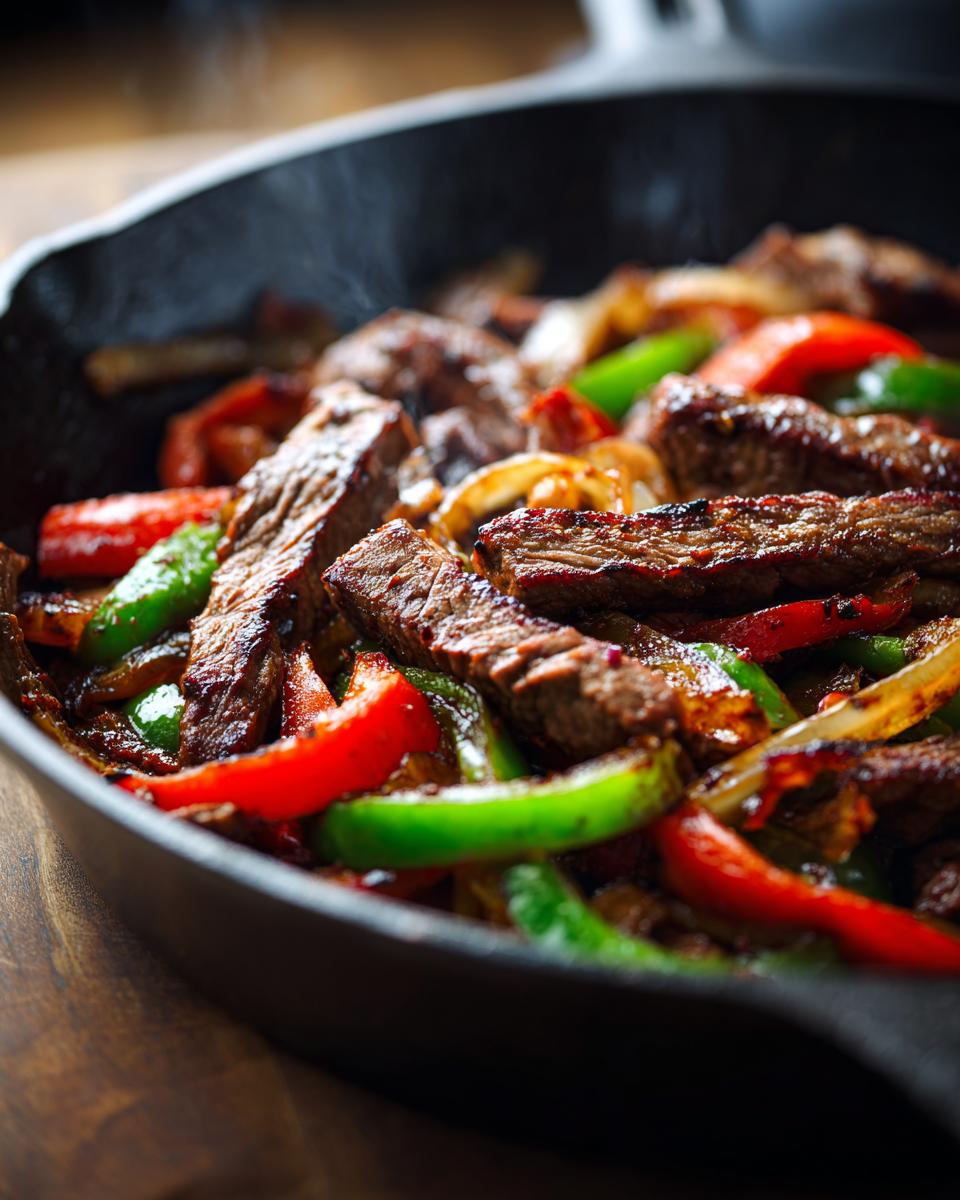 Close-up of sizzling steak fajitas with strips of seared beef, red and green bell peppers, and onions in a hot cast iron skillet.