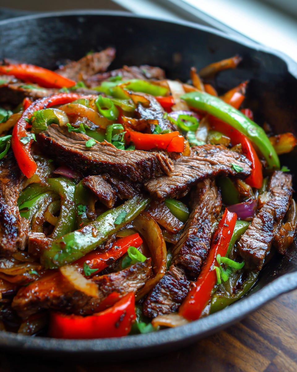 Close-up of sizzling steak fajitas with sliced steak, red and green peppers, and onions in a cast iron skillet.
