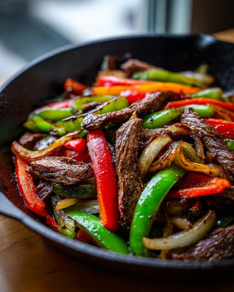 Close-up of sizzling steak fajitas featuring strips of seasoned beef, red and green bell peppers, and onions in a black cast iron skillet.