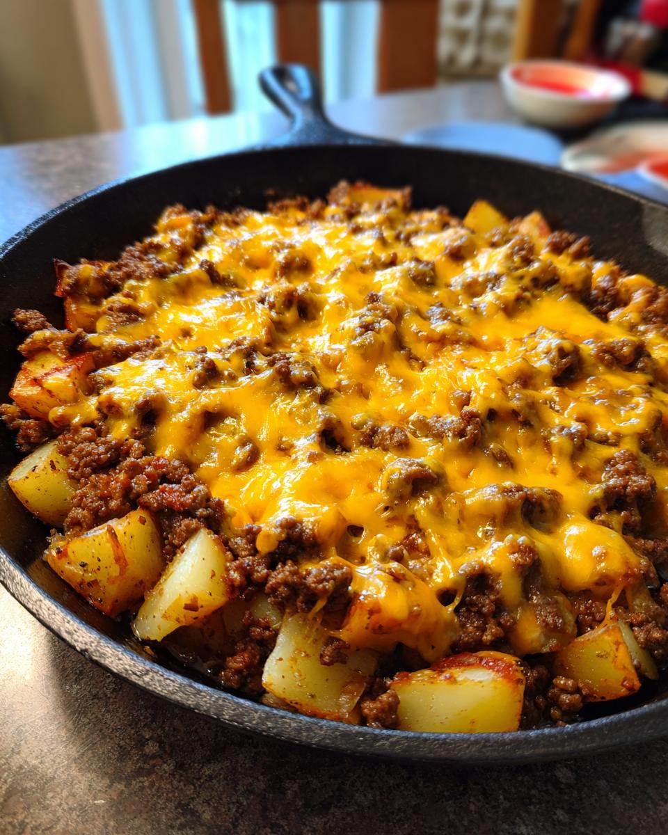 Close-up of Cheesy Taco Potatoes featuring seasoned ground beef and melted cheddar cheese over roasted potato chunks in a cast iron skillet.
