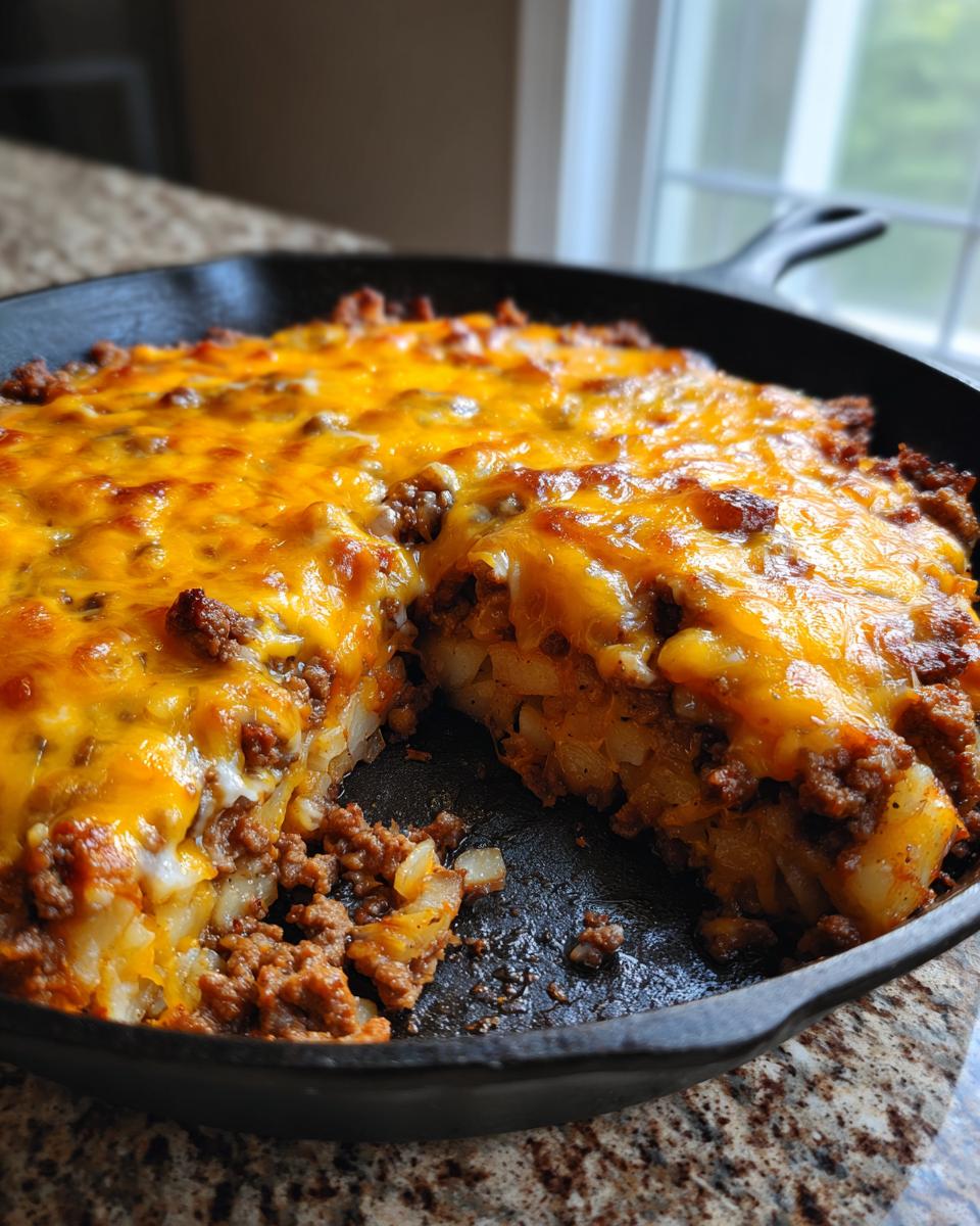 A close-up of Cheesy Taco Potatoes baked in a cast iron skillet, showing layers of seasoned meat and melted cheddar cheese.