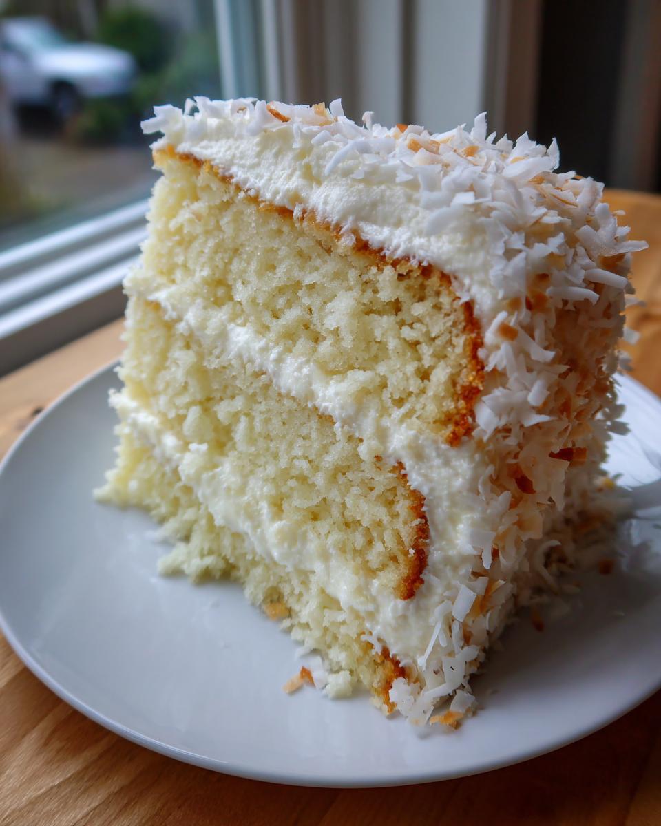 A tall slice of moist coconut cake recipe layered with white frosting and topped with toasted coconut flakes.