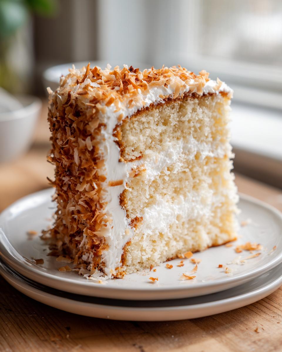 A tall slice of moist coconut cake recipe layered with white frosting and covered in toasted coconut flakes.