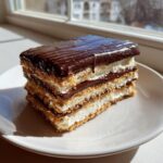A decadent slice of chocolate eclair cake showing layers of graham crackers, cream filling, and rich chocolate ganache topping.