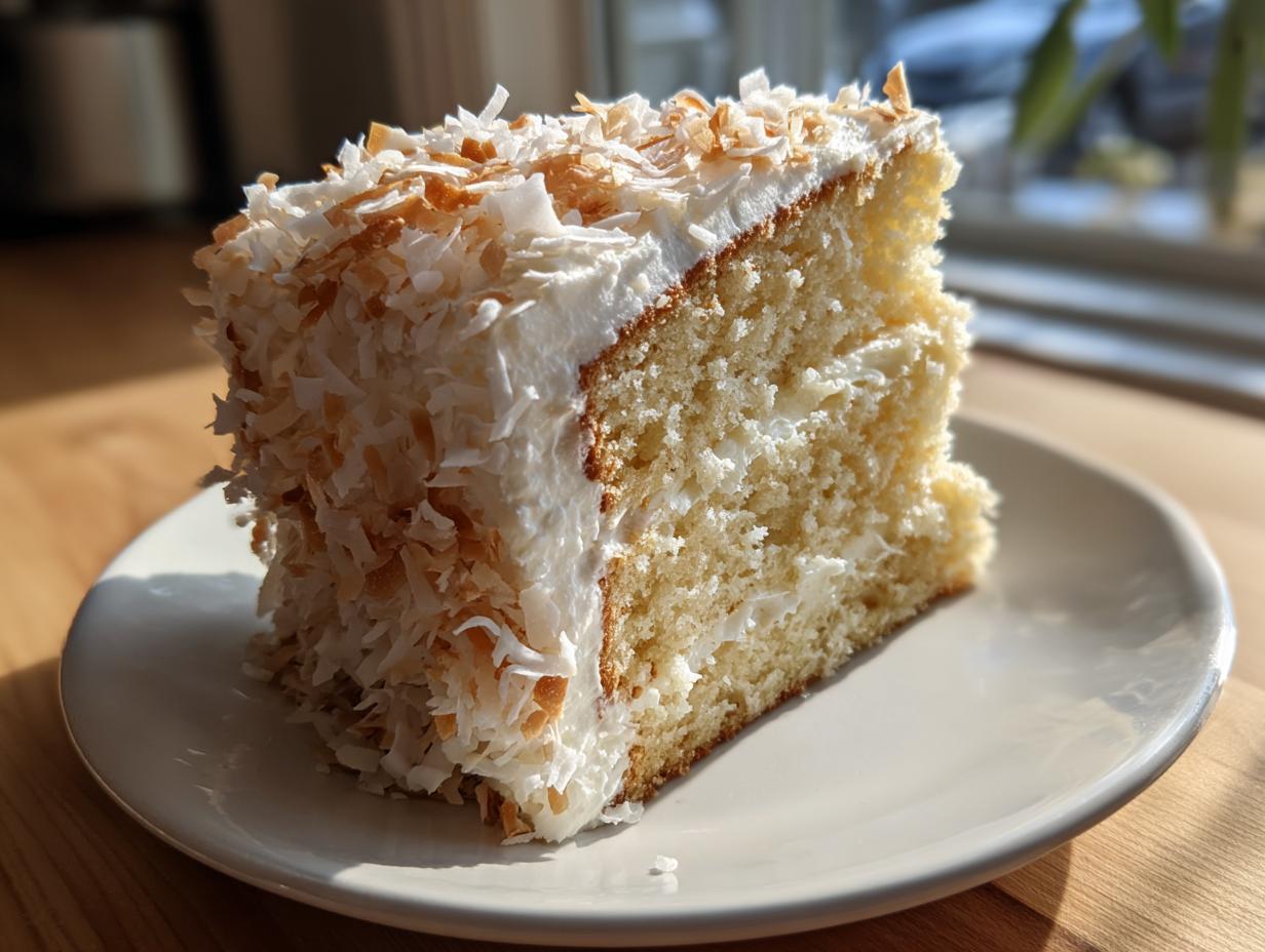 A generous slice of moist coconut cake recipe covered in white frosting and toasted coconut flakes.
