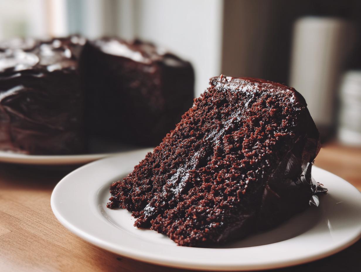 A rich, dark slice of moist chocolate cake covered in glossy ganache sitting on a white plate.