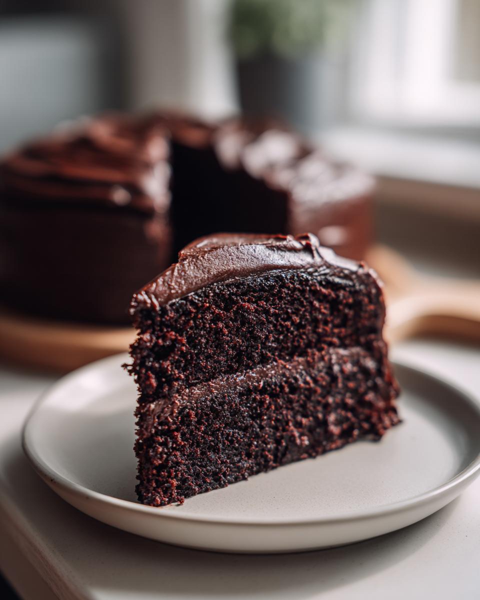 A close-up of a moist slice of dark chocolate cake with thick frosting, with the rest of the chocolate cake blurred in the background.