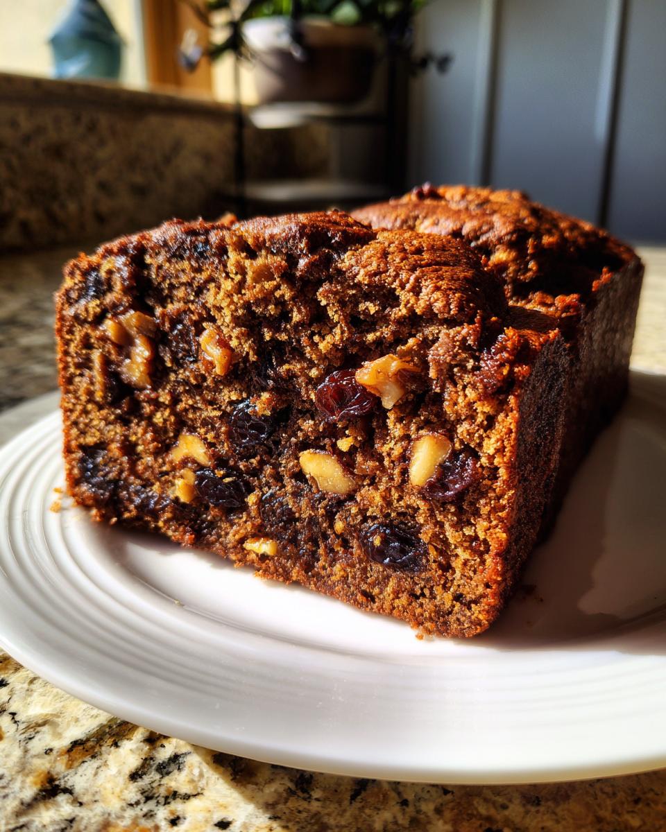 A close-up of a moist slice of date nut bread, studded with walnuts and raisins, served on a white plate.