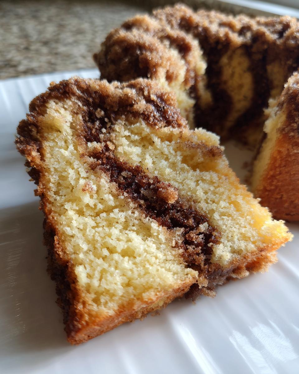 Close-up of a moist slice of sour cream coffee cake showing the yellow cake, dark cinnamon swirl, and crumb topping.