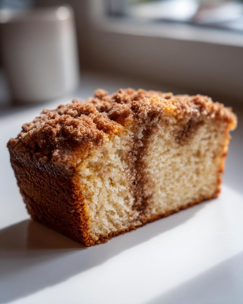 A close-up of a moist slice of sour cream coffee cake featuring a thick cinnamon streusel topping.