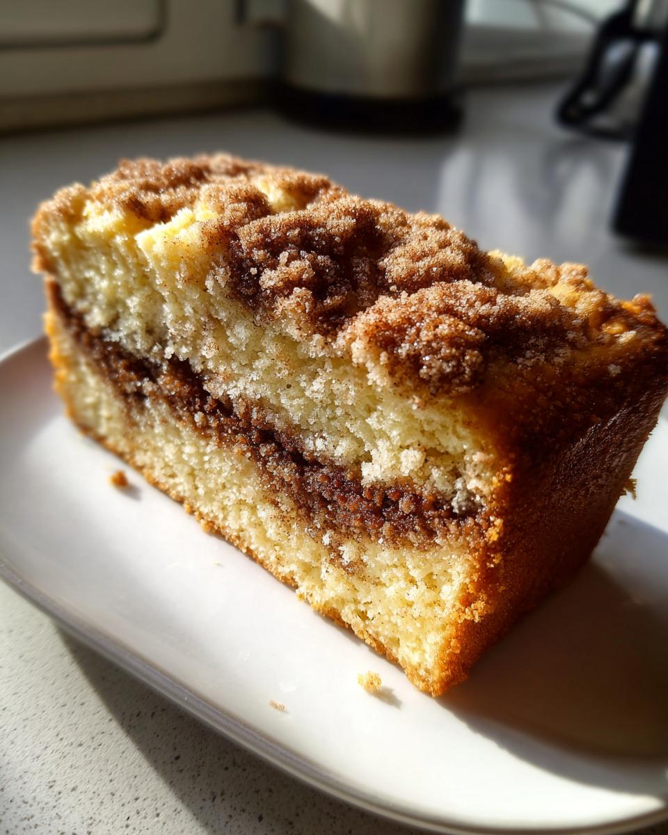 A close-up slice of moist sour cream coffee cake featuring a thick cinnamon swirl layer and crunchy streusel topping.