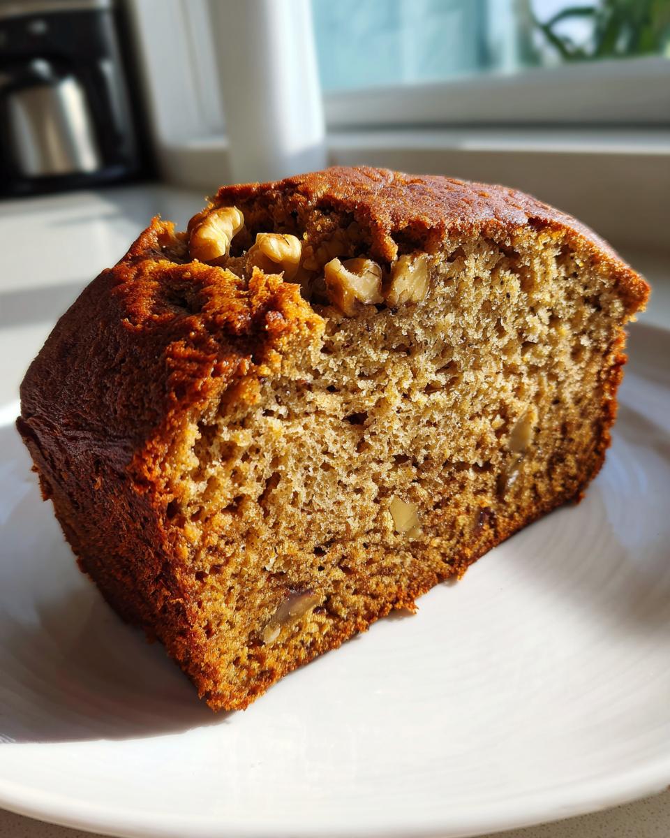 A thick slice of moist sugar free banana bread topped with walnuts, sitting on a white plate in bright sunlight.