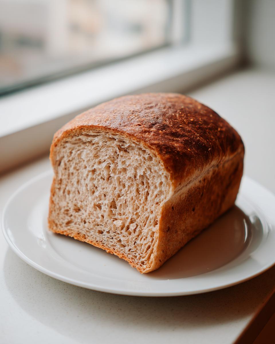 A freshly baked loaf of whole wheat bread, sliced to show the soft crumb, resting on a white plate near a window.