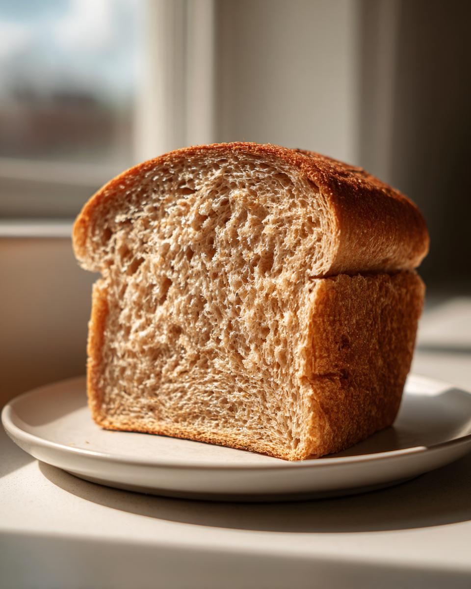 A thick, freshly cut slice of amazing whole wheat bread showing its soft, porous crumb texture.