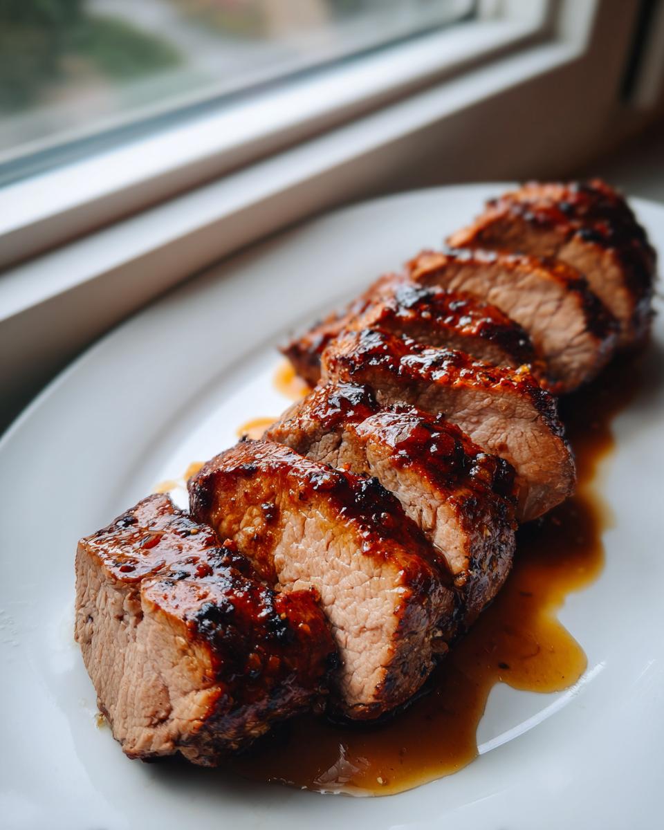 Close-up of thick slices of glazed pork tenderloin recipe resting on a white plate with pan sauce.
