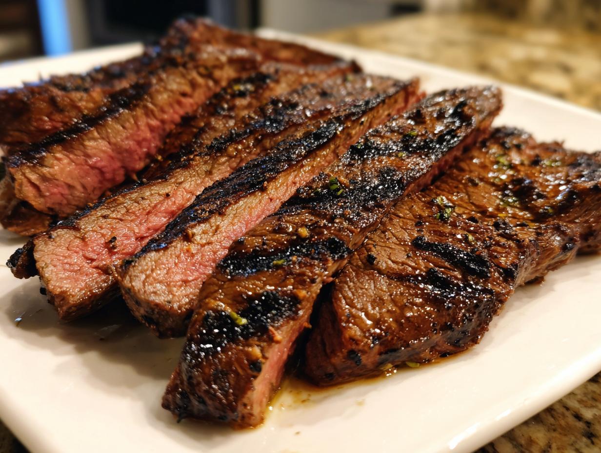 Close-up of medium-rare sliced steak showing char marks, glistening from the Carne asada marinade.