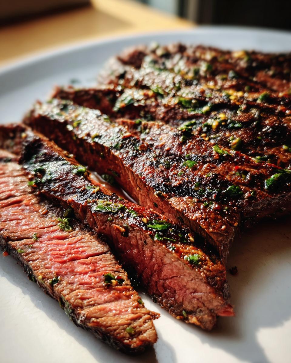 Close-up of medium-rare steak, sliced against the grain, showing char marks and herbs from the carne asada marinade.
