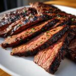 Close-up of perfectly grilled and sliced steak showing pink interior, likely prepared with carne asada marinade.
