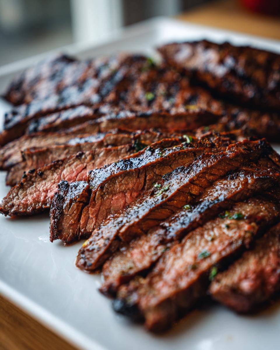 Close-up of medium-rare steak slices showing char marks, prepared with Carne asada marinade.