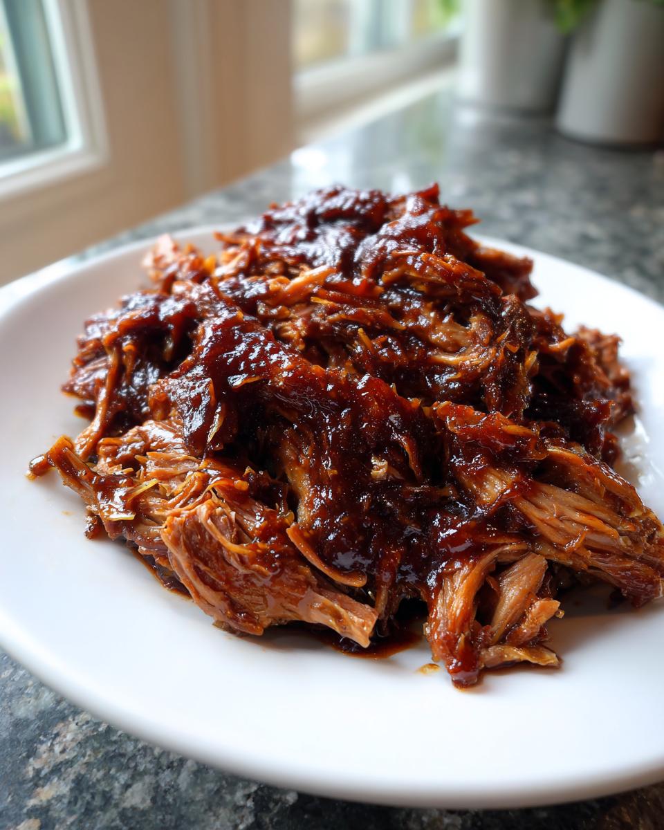 Close-up of tender, shredded Slow cooker pulled pork smothered in rich barbecue sauce, served on a white plate.