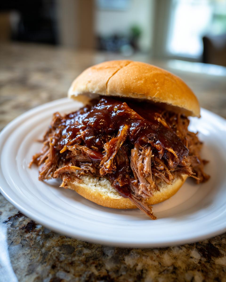 A close-up of a delicious Slow cooker pulled pork sandwich dripping with BBQ sauce on a white plate.