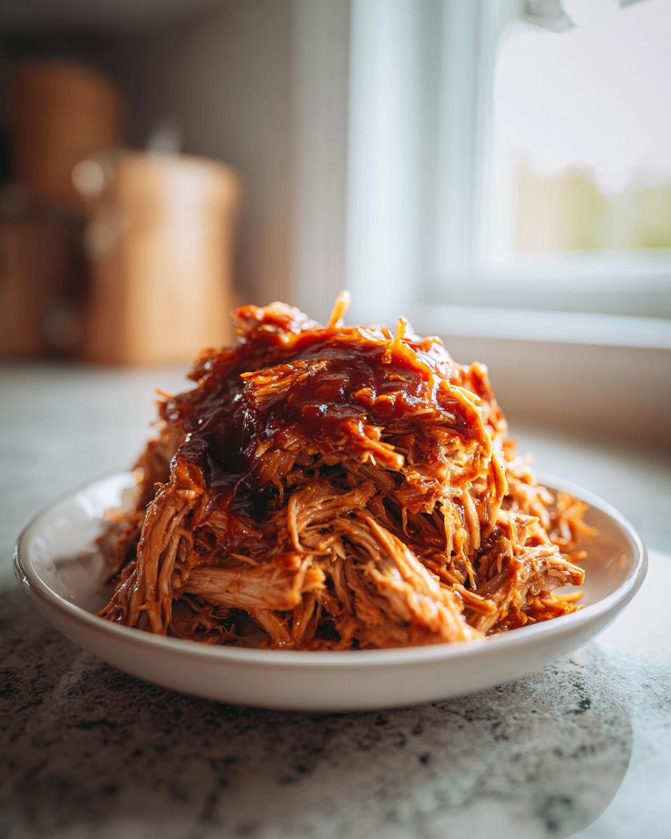 A heaping mound of saucy, shredded Slow cooker pulled pork piled high in a white bowl.