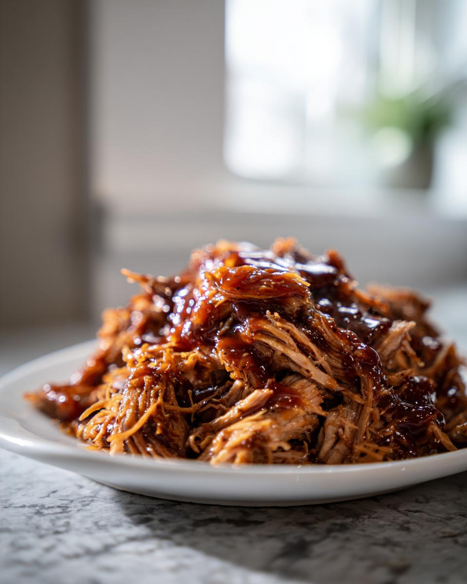 Close-up of a generous serving of saucy Slow cooker pulled pork piled high on a white plate.