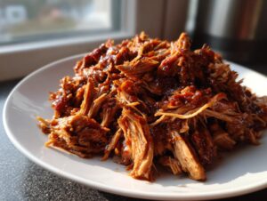 A close-up shot of saucy, shredded Slow cooker pulled pork piled high on a white plate, lit by natural sunlight.
