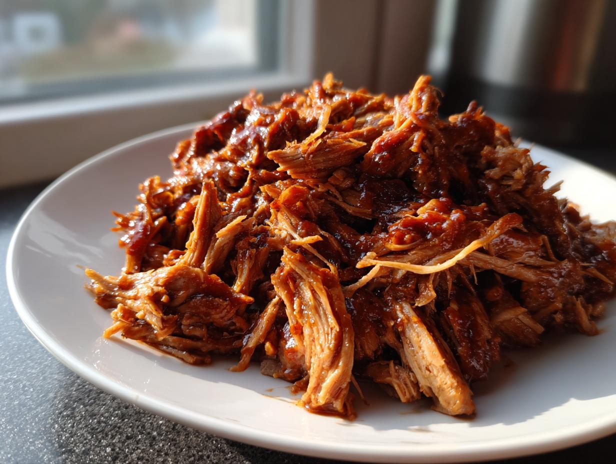 A close-up shot of saucy, shredded Slow cooker pulled pork piled high on a white plate, lit by natural sunlight.