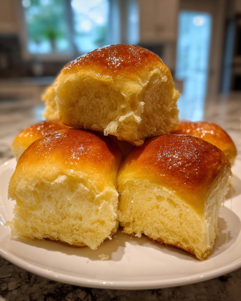 A stack of incredibly soft dinner rolls with a shiny, golden-brown glaze piled on a white plate.