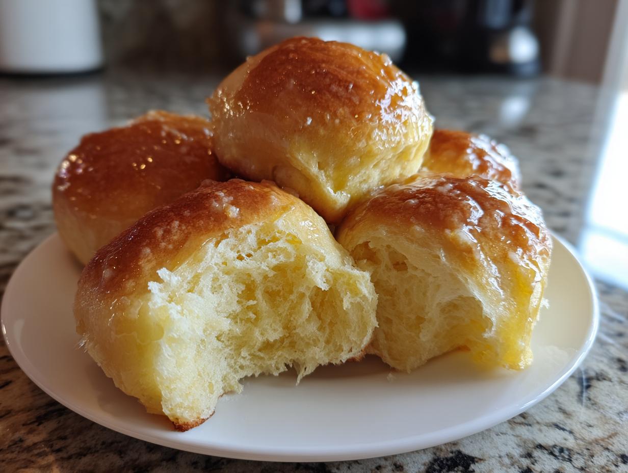 A stack of fluffy, golden-brown dinner rolls glistening with a sweet glaze, one roll pulled apart to show the soft interior.