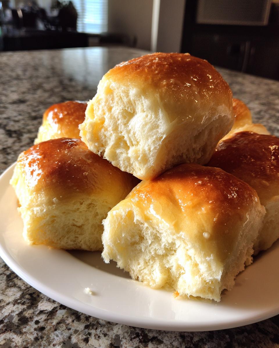 A close-up of several fluffy, golden-brown dinner rolls stacked on a white plate, showing their soft interior.