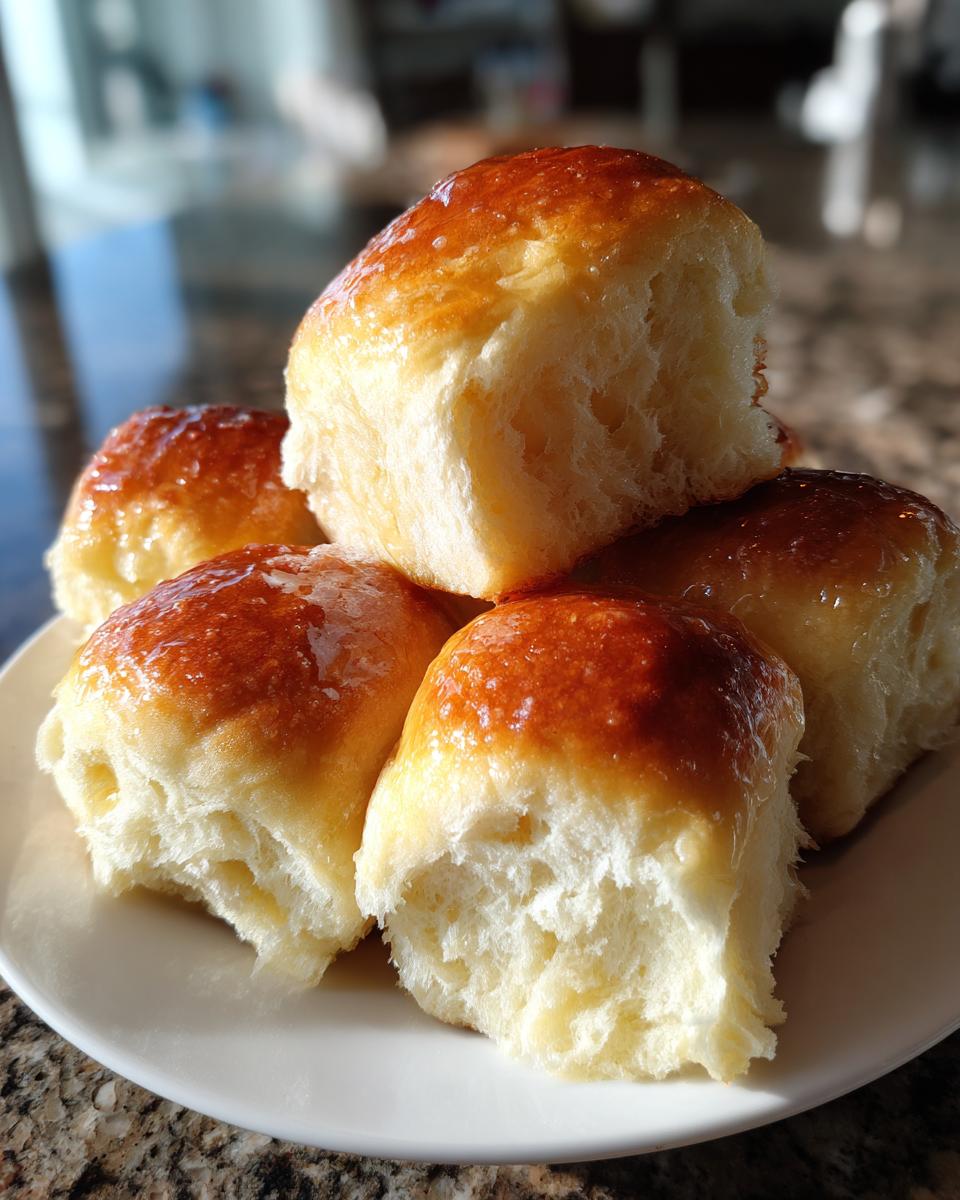 A stack of five incredibly soft dinner rolls with a shiny, golden-brown glaze piled on a white plate.