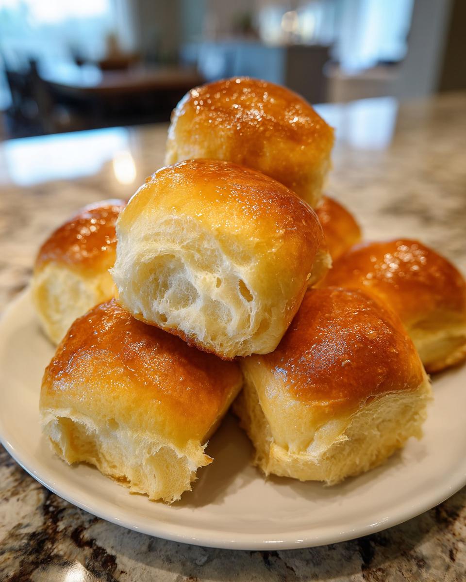 A stack of golden brown, fluffy dinner rolls with a shiny glaze piled on a white plate.