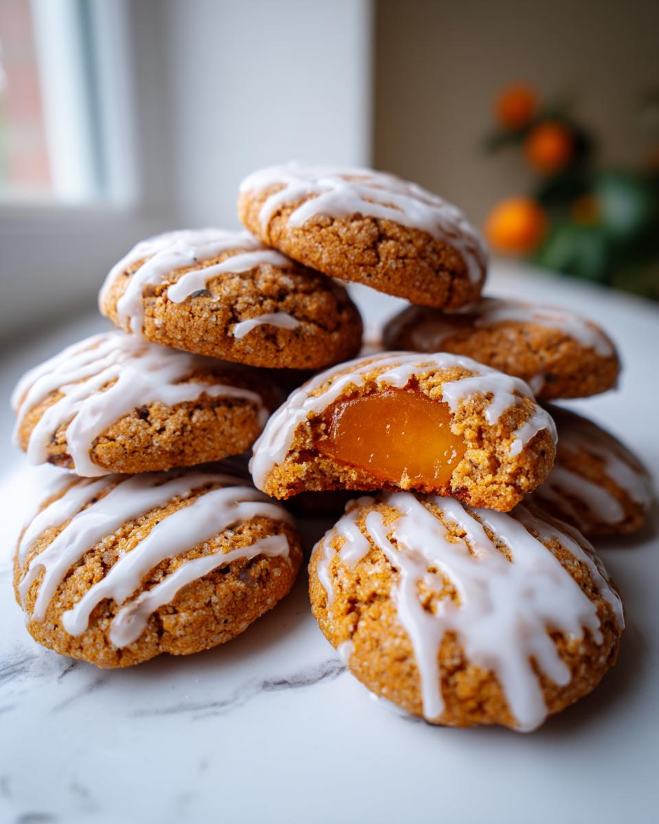 A stack of soft spiced persimmon cookies drizzled with white icing, one cookie is broken open showing a bright orange filling.