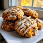 A stack of soft spiced persimmon cookies drizzled with white vanilla icing, set against a bright window.