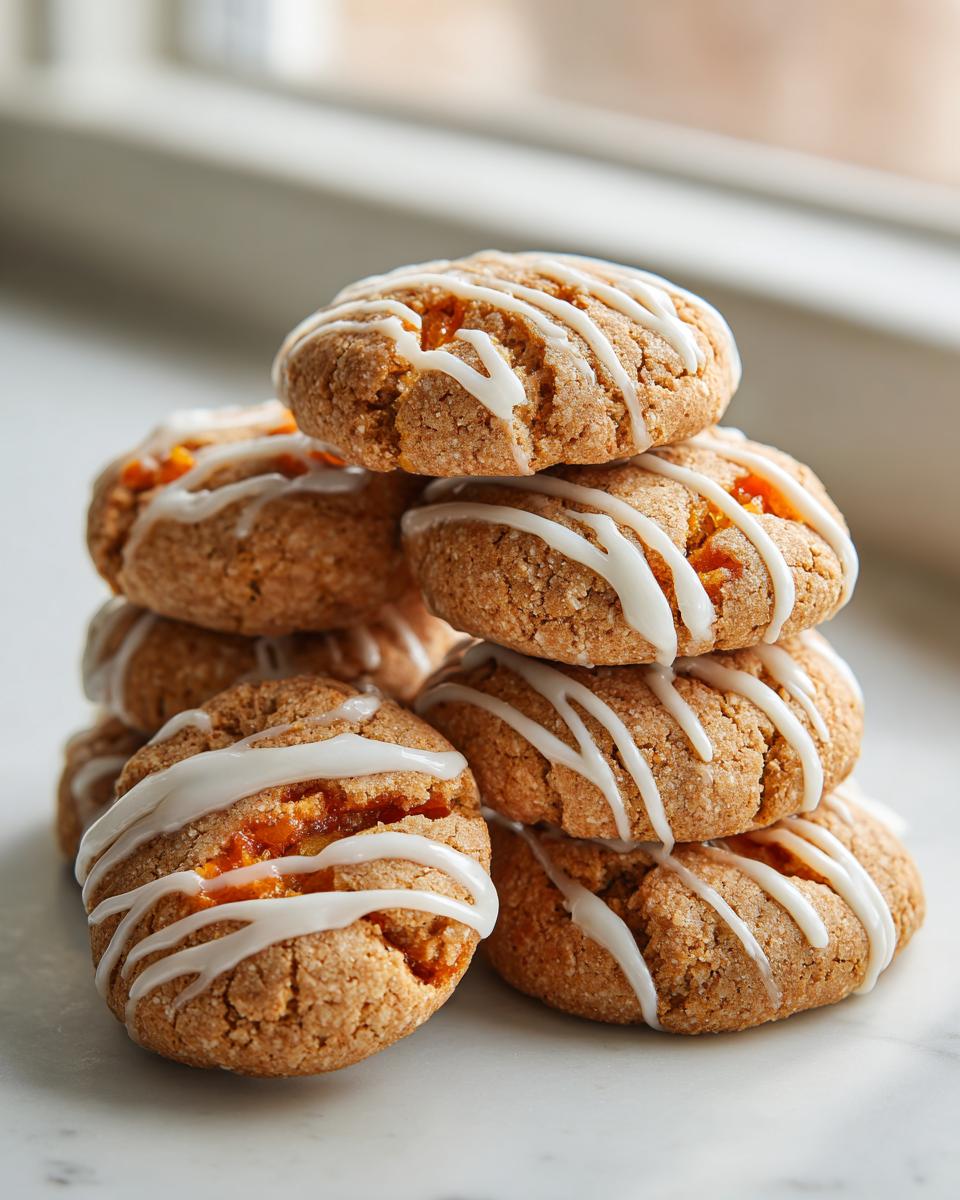 A stack of soft spiced persimmon cookies drizzled with white icing, showing the orange filling inside.