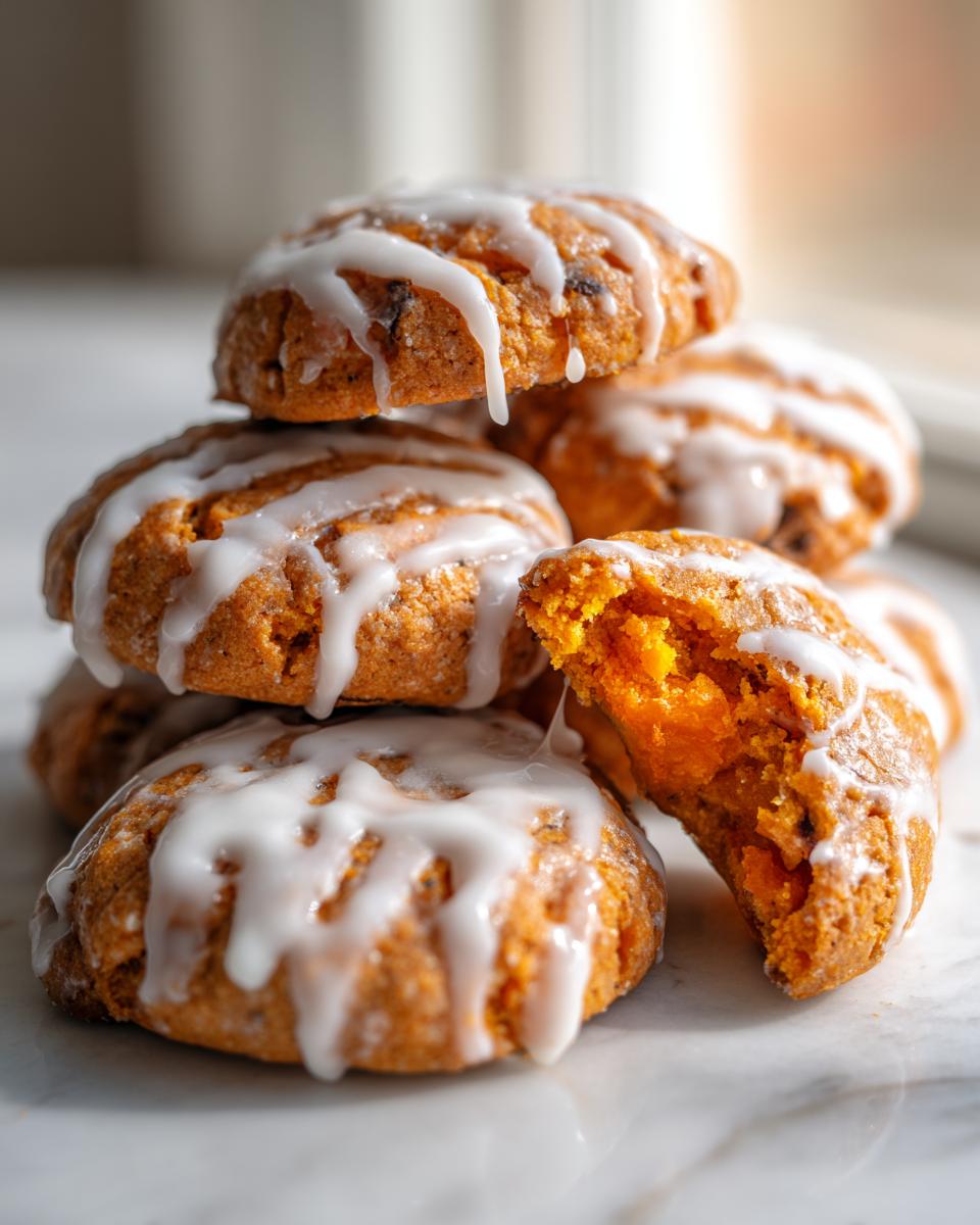 A stack of soft spiced persimmon cookies drizzled with white icing, one cookie broken open showing the orange interior.