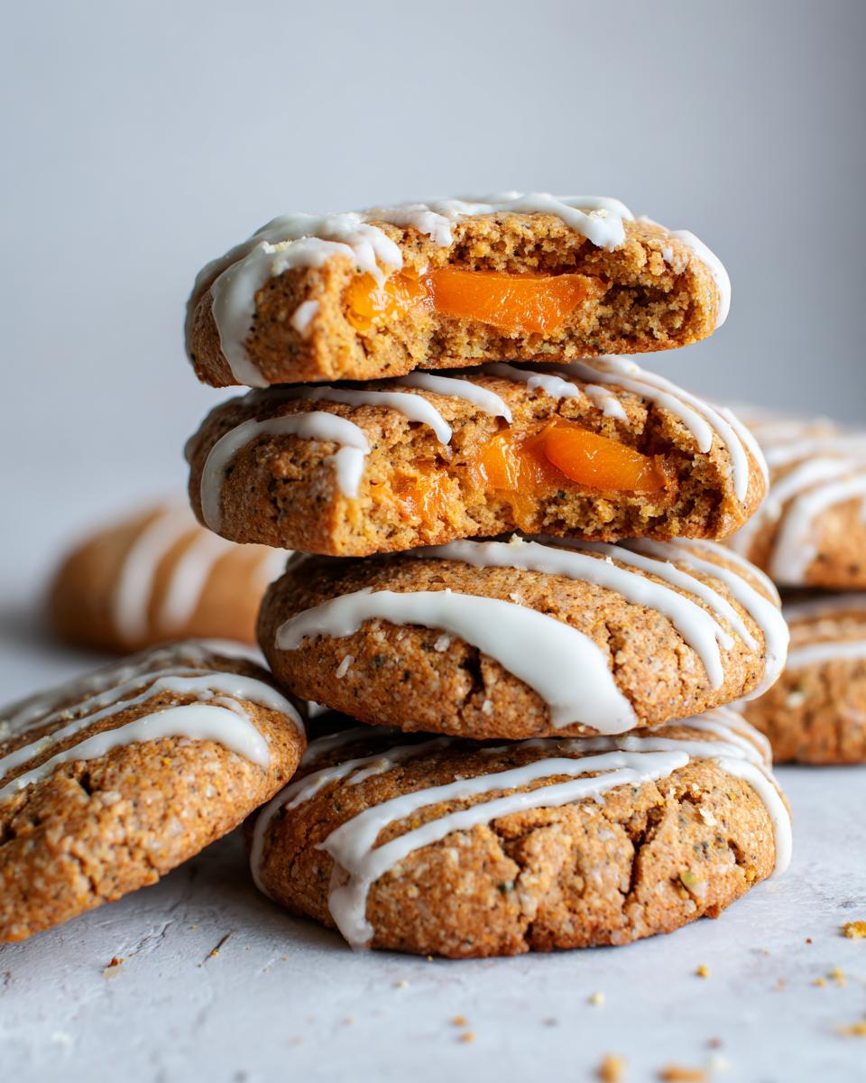 A stack of soft spiced persimmon cookies drizzled with white icing, showing the orange persimmon filling inside the broken top cookie.