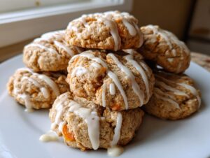 A stack of soft spiced persimmon cookies drizzled generously with white vanilla glaze, resting on a white plate.