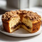 A round sour cream coffee cake with a thick cinnamon streusel topping, sliced to show the moist interior and filling.